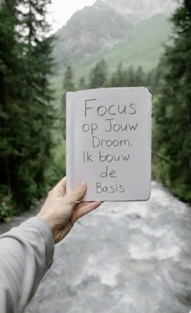 Hand die een notitieblok vasthoudt met de tekst ‘Focus op jouw droom, ik bouw de basis.’ op een bosweg.